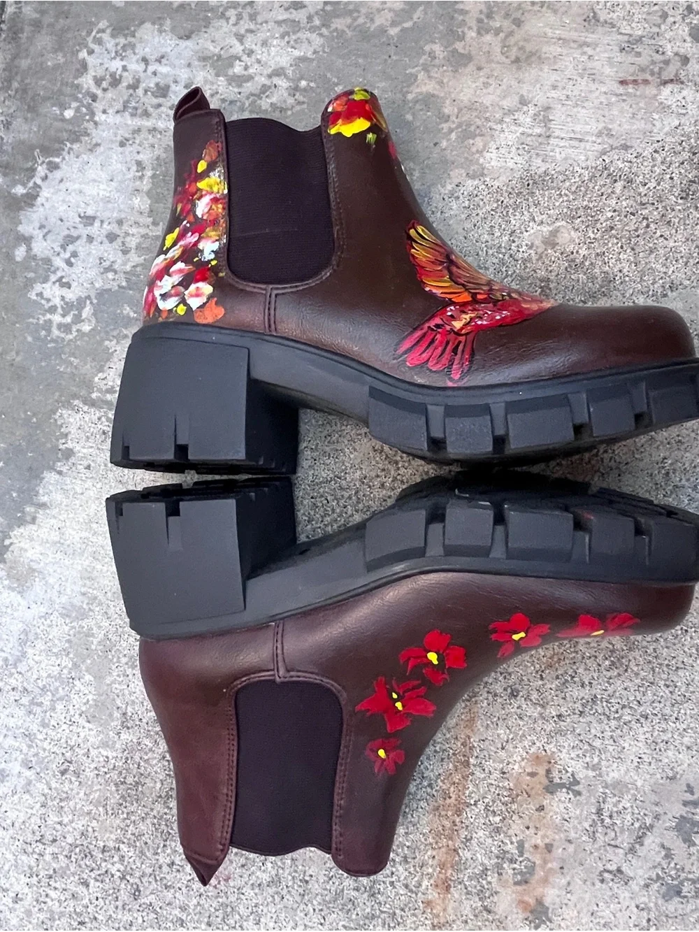 Soda Brown Ankle Boots with Hand-Painted Floral & Bird Art